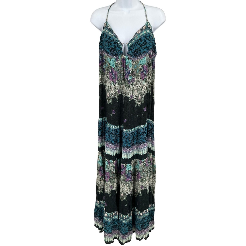 Free People Maxi Dress Womens L Floral Boho Halter Tiered Gypsy Hippie Flowy